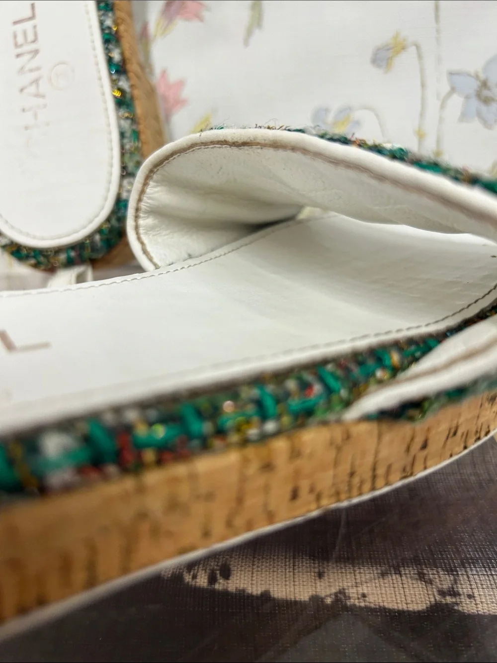 CHANEL Green Tweed Espadrille Slide Sandals with Gold Chain Logo